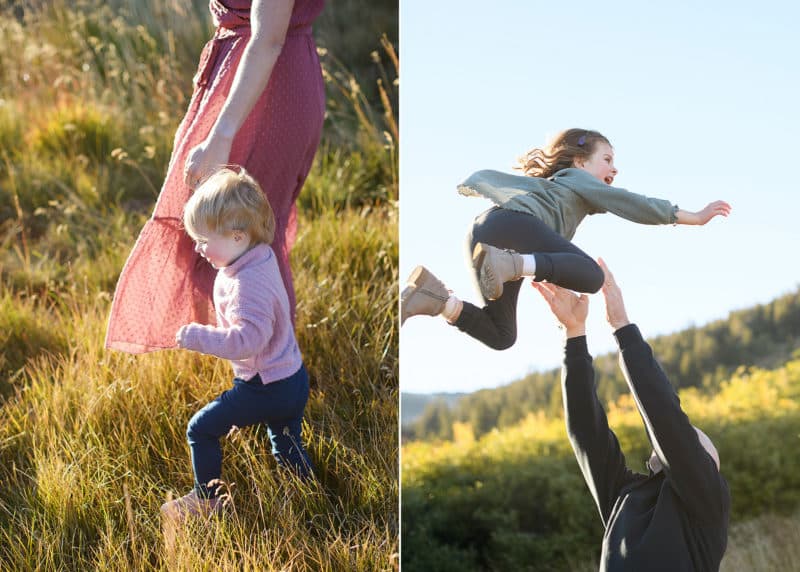 dad throwing young daughter into the air, mom holding hands walking through a field with young daughter during family photographer session in lake tahoe