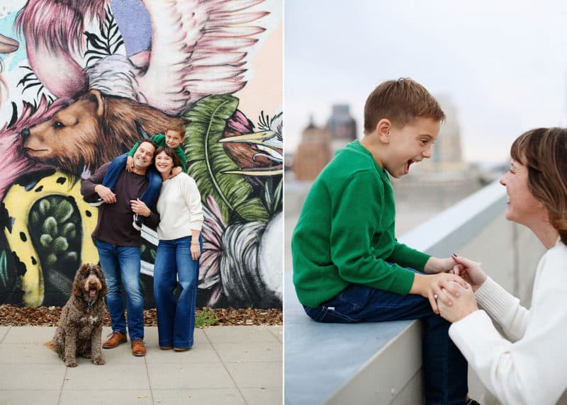 sacramento photographer taking family pictures in front of a mural in downtown sacramento california, mom and son looking at one another and smiling