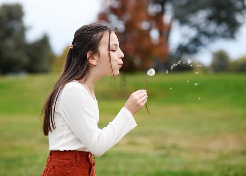 sacramento photographer taking picture of a girl blowing on a dandelion during fall family photo session