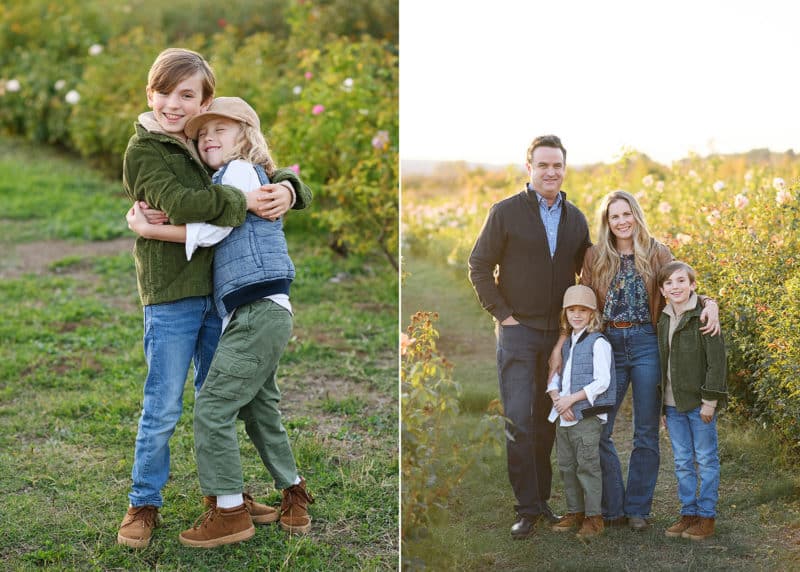 brothers hugging in a field of flowers, taking fall family photos with a yuba city photographer