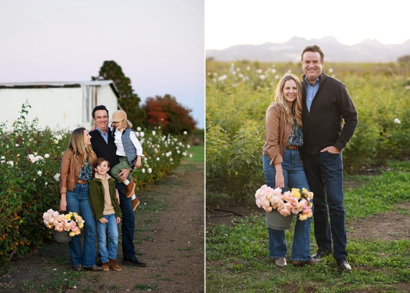 mom and dad standing in the middle of a flower field holding a basket of roses, family of four posing for yuba city photographer