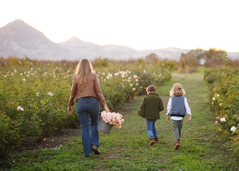 mom holding a basket of roses and walking with two young sons while yuba city photographer takes pictures 