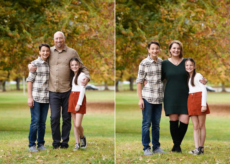 sacramento photographer taking family photos in front of colorful fall foliage