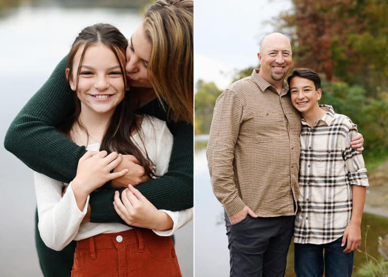 mom kissing daughter on the cheek, dad and son posing for a sacramento photographer during fall photos