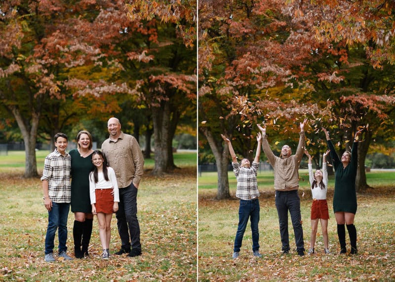 family of four throwing leaves into the air, posing naturally during fall family photo session in sacramento california