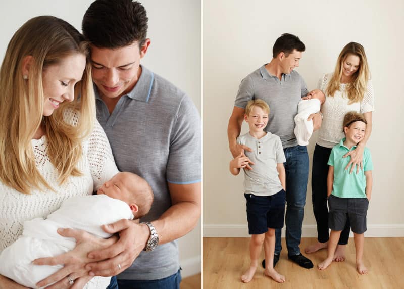 mom and dad with newborn baby, family of five during sacramento studio session