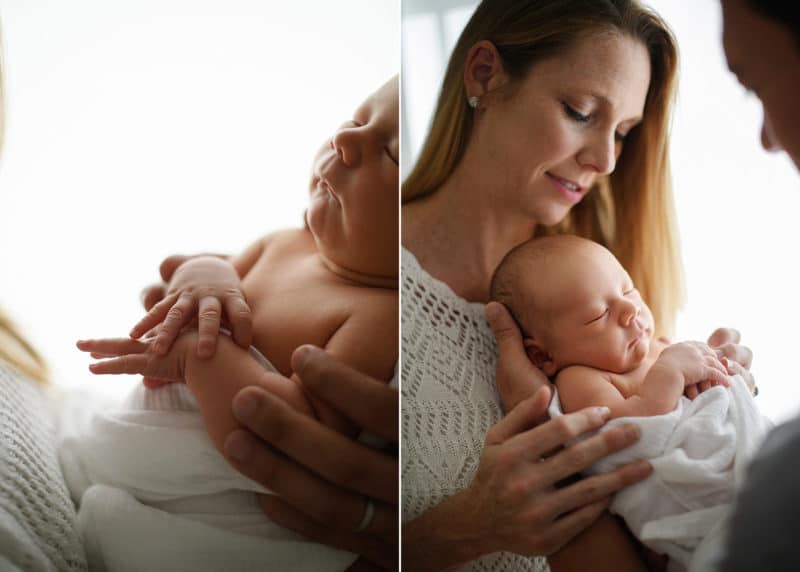 mom looking down at newborn baby during sacramento studio session with photographer jill carmel