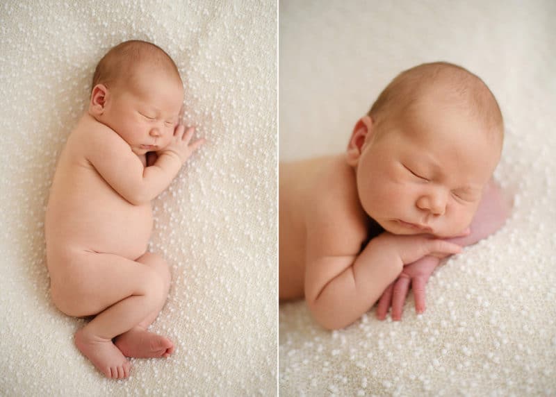 newborn baby sleeping curled in a ball; sleeping on their hands during studio newborn session