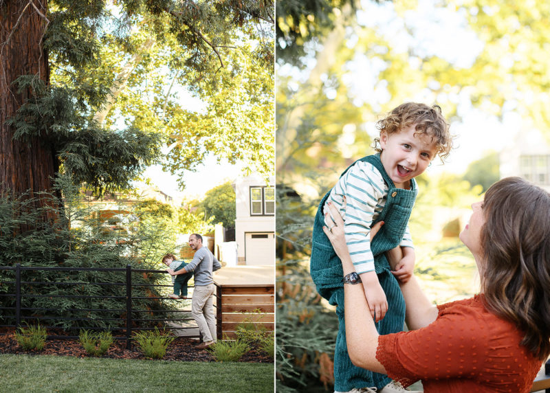 mom holding young son in the air, dad standing on a fence with young son during at-home session with sacramento photographer jill carmel