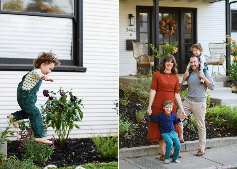 young son jumping off steps in front of family home; family of four posing for photos during sacramento photo session with photographer jill carmel